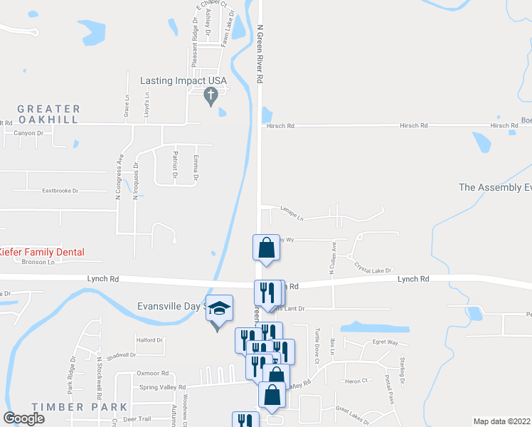 map of restaurants, bars, coffee shops, grocery stores, and more near 4221 Munsee Trail in Evansville