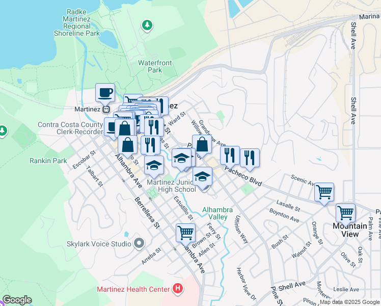 map of restaurants, bars, coffee shops, grocery stores, and more near 1133 Court Street in Martinez