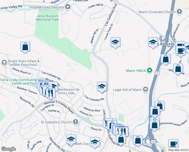map of restaurants, bars, coffee shops, grocery stores, and more near 48 Park Ridge Road in San Rafael