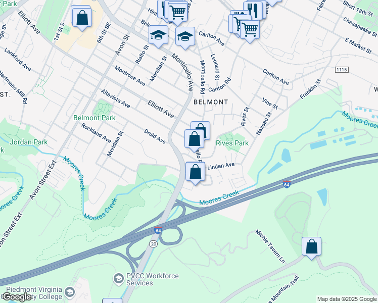 map of restaurants, bars, coffee shops, grocery stores, and more near 1709 Monticello Road in Charlottesville