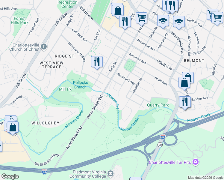 map of restaurants, bars, coffee shops, grocery stores, and more near 108 Blincoe Lane in Charlottesville