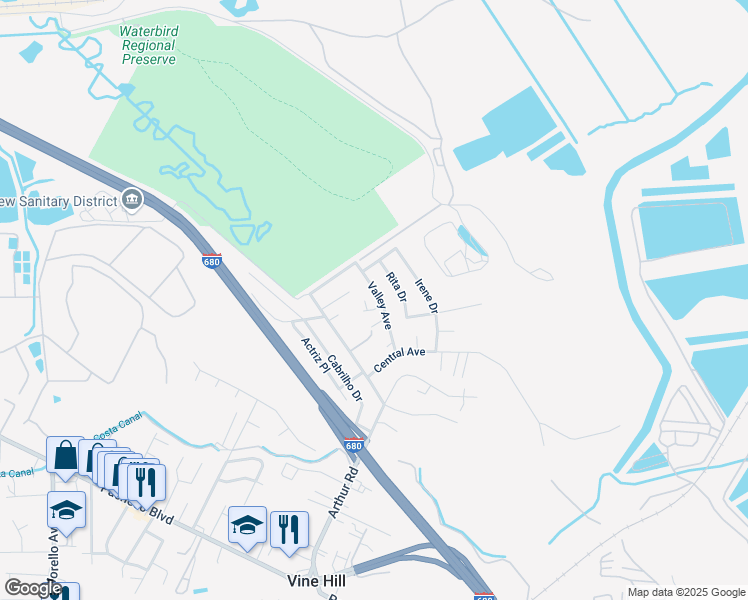 map of restaurants, bars, coffee shops, grocery stores, and more near 4192 Valley Avenue in Martinez
