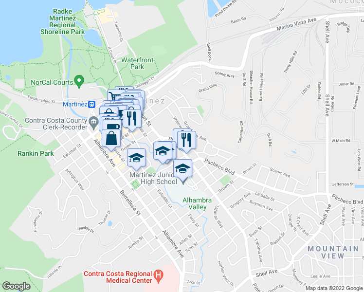 map of restaurants, bars, coffee shops, grocery stores, and more near 1205 Pine Street in Martinez