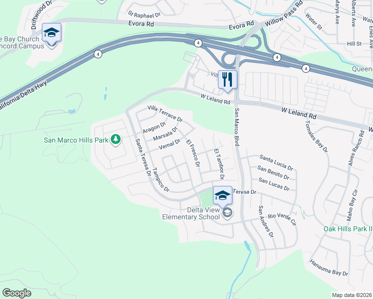 map of restaurants, bars, coffee shops, grocery stores, and more near 138 Rancho Bernado Court in Pittsburg