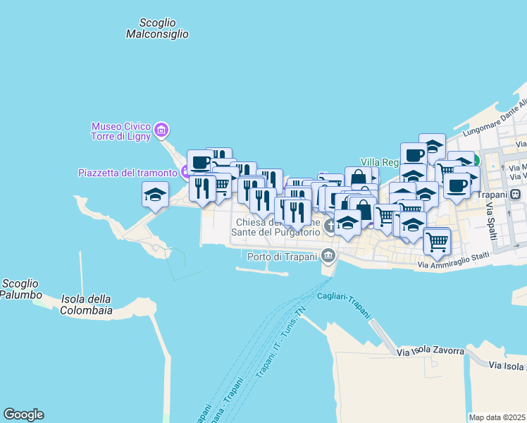 map of restaurants, bars, coffee shops, grocery stores, and more near 37 Via Duca D'Aosta in Trapani