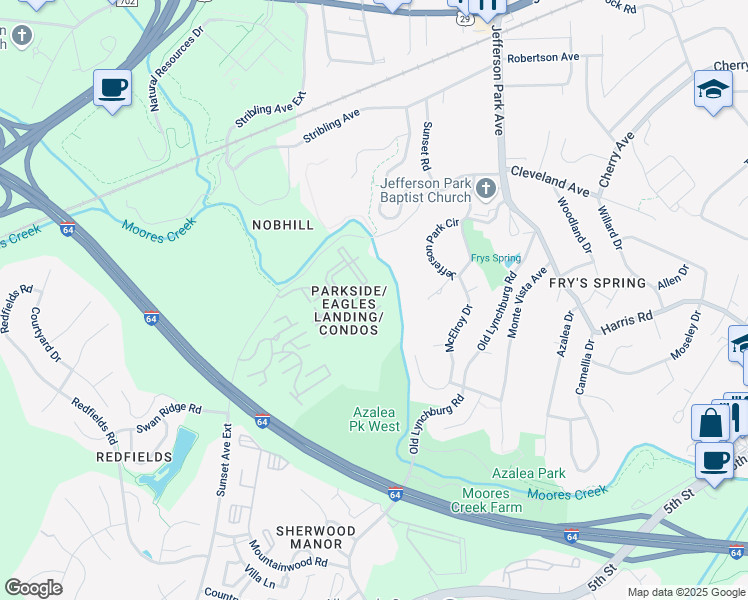 map of restaurants, bars, coffee shops, grocery stores, and more near 727 Denali Way in Charlottesville