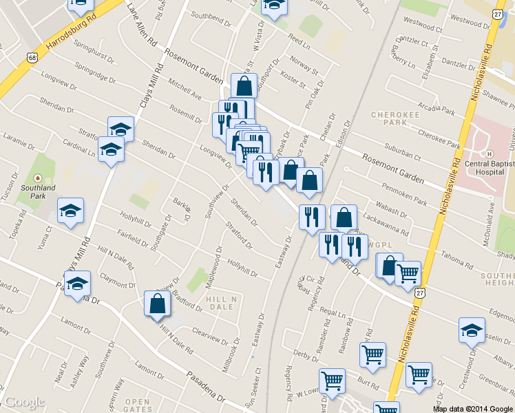 map of restaurants, bars, coffee shops, grocery stores, and more near 340 Longview Plaza in Lexington