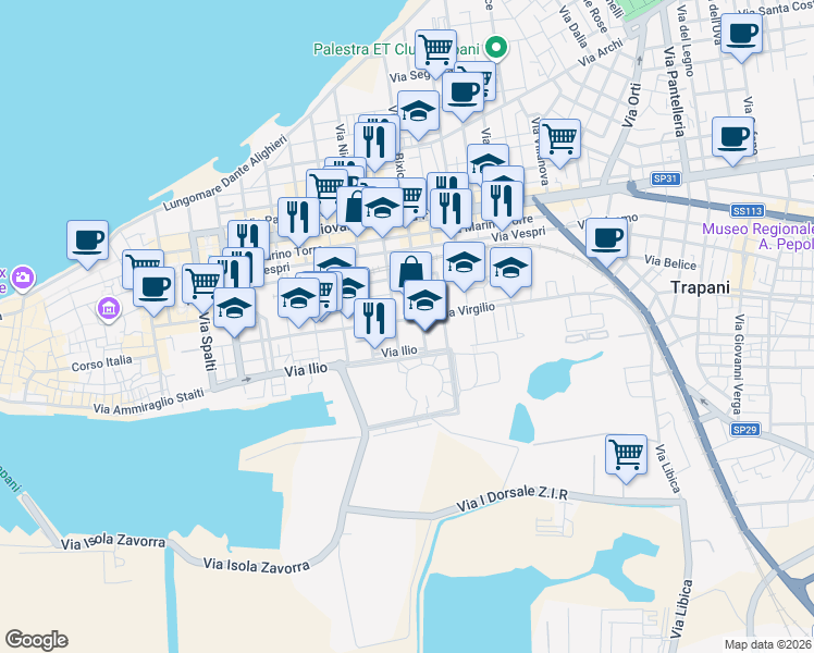 map of restaurants, bars, coffee shops, grocery stores, and more near 82 Via Virgilio in Trapani