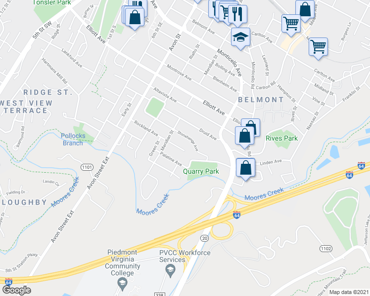 map of restaurants, bars, coffee shops, grocery stores, and more near 919 Rockland Avenue in Charlottesville