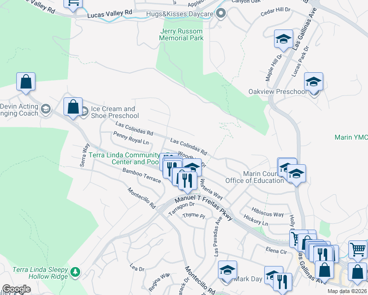 map of restaurants, bars, coffee shops, grocery stores, and more near 648 Woodbine Drive in San Rafael