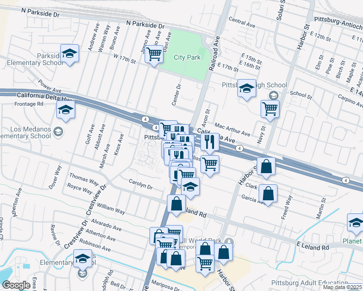 map of restaurants, bars, coffee shops, grocery stores, and more near 2100 Railroad Ave in Pittsburg