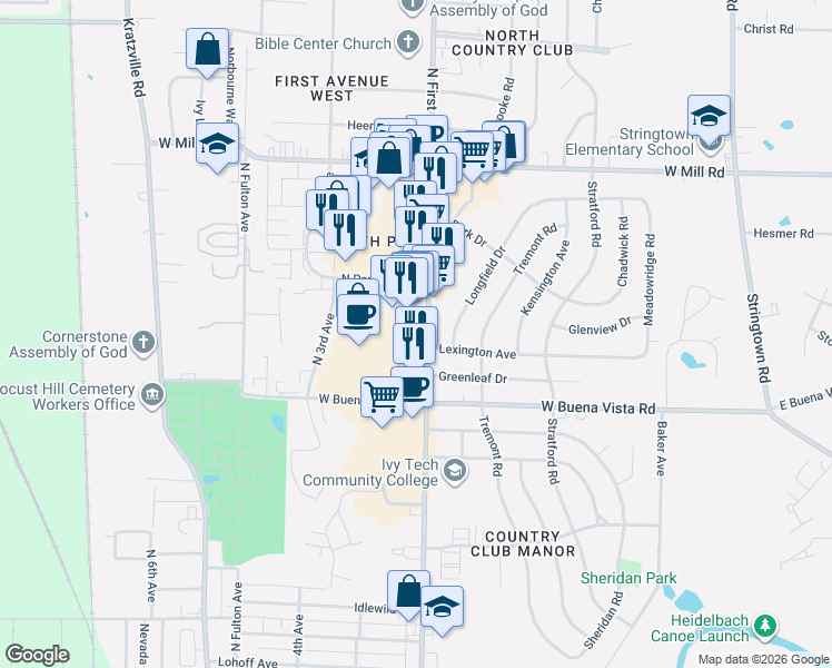 map of restaurants, bars, coffee shops, grocery stores, and more near 4008 North First Avenue in Evansville