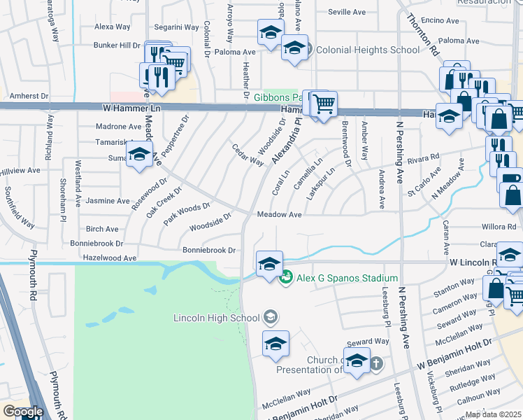 map of restaurants, bars, coffee shops, grocery stores, and more near 1930 Meadow Avenue in Stockton