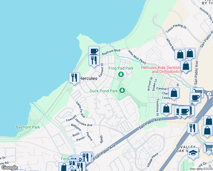 map of restaurants, bars, coffee shops, grocery stores, and more near 1100 Taraya Terrace in Hercules