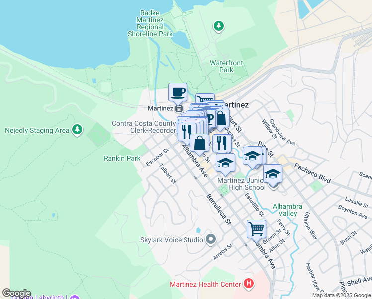 map of restaurants, bars, coffee shops, grocery stores, and more near 735 Alhambra Avenue in Martinez