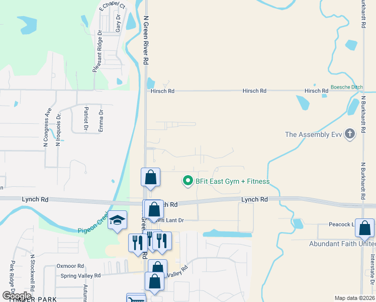 map of restaurants, bars, coffee shops, grocery stores, and more near 5100 Lenape Lane in Evansville