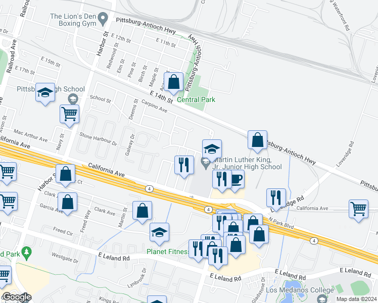 map of restaurants, bars, coffee shops, grocery stores, and more near 105 Corte Maria in Pittsburg