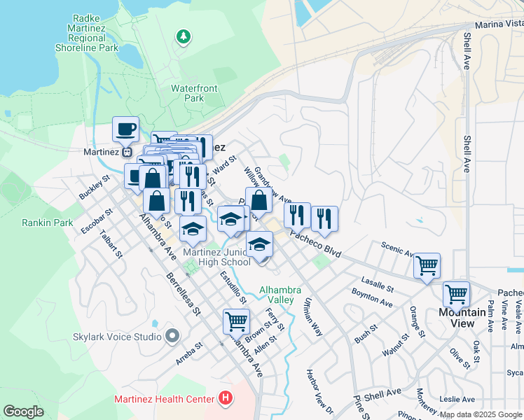 map of restaurants, bars, coffee shops, grocery stores, and more near 1126 Henrietta Street in Martinez
