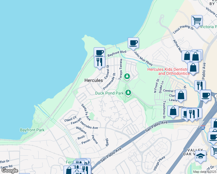 map of restaurants, bars, coffee shops, grocery stores, and more near 1129 Promenade Street in Hercules