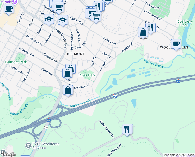 map of restaurants, bars, coffee shops, grocery stores, and more near 908 Nassau Street in Charlottesville