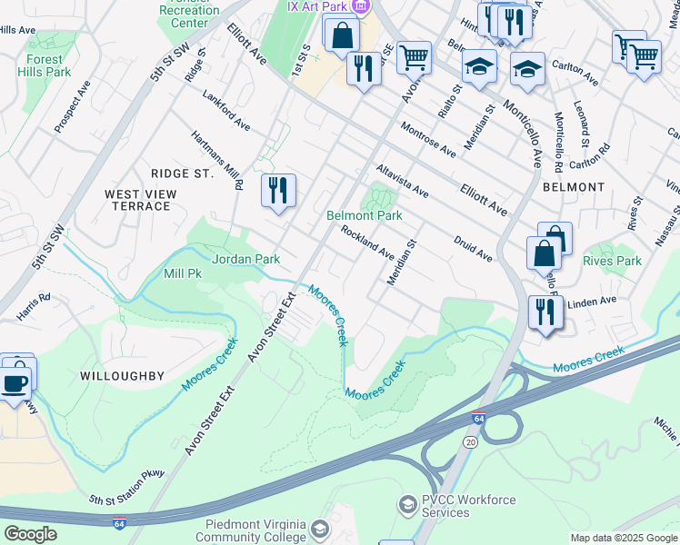 map of restaurants, bars, coffee shops, grocery stores, and more near 115 Blincoe Lane in Charlottesville