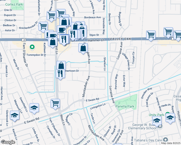 map of restaurants, bars, coffee shops, grocery stores, and more near 1906 Hammertown Drive in Stockton