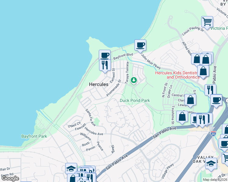 map of restaurants, bars, coffee shops, grocery stores, and more near 1100 Taraya Terrace in Hercules