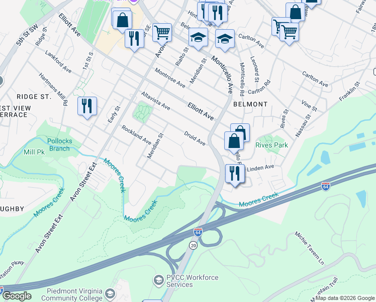 map of restaurants, bars, coffee shops, grocery stores, and more near 1011 Stonehenge Avenue in Charlottesville
