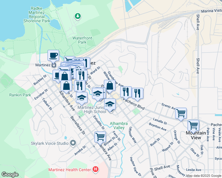 map of restaurants, bars, coffee shops, grocery stores, and more near 1126 Henrietta Street in Martinez