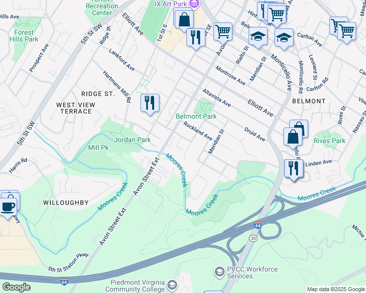 map of restaurants, bars, coffee shops, grocery stores, and more near 115 Blincoe Lane in Charlottesville