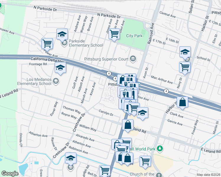map of restaurants, bars, coffee shops, grocery stores, and more near 2137 Crestview Lane in Pittsburg