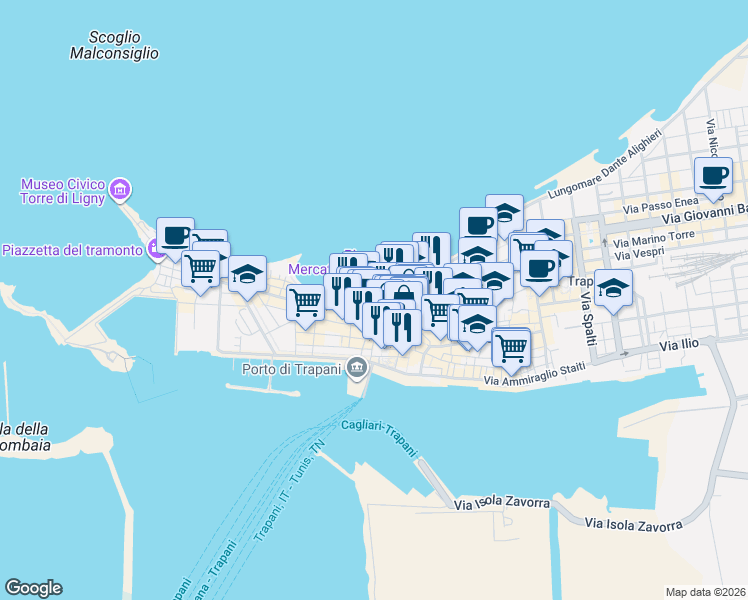 map of restaurants, bars, coffee shops, grocery stores, and more near 22 Via Nunzio Nasi in Trapani