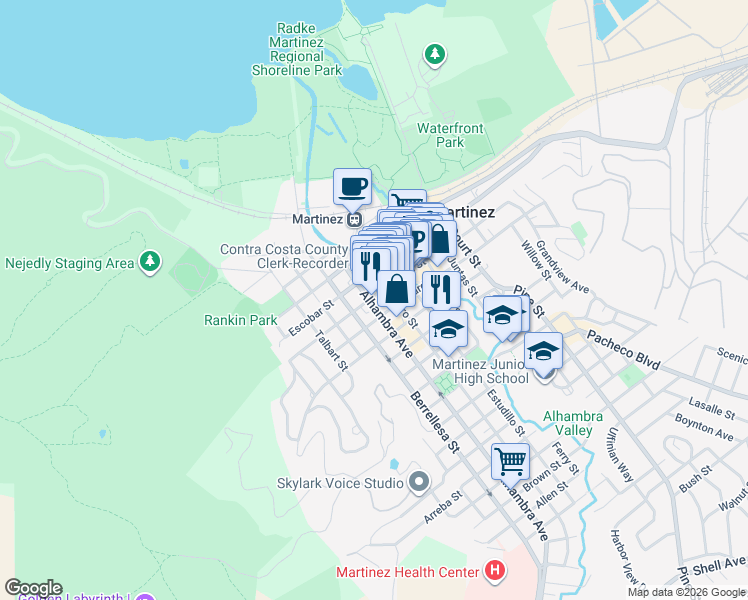 map of restaurants, bars, coffee shops, grocery stores, and more near 500 Main Street in Martinez
