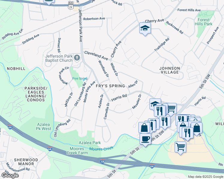map of restaurants, bars, coffee shops, grocery stores, and more near Oaklawn Drive in Charlottesville