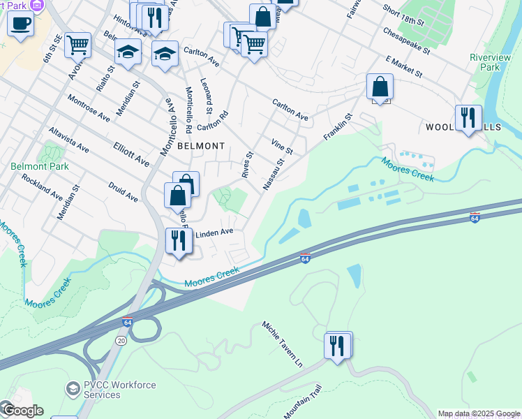 map of restaurants, bars, coffee shops, grocery stores, and more near 908 Nassau St in Charlottesville