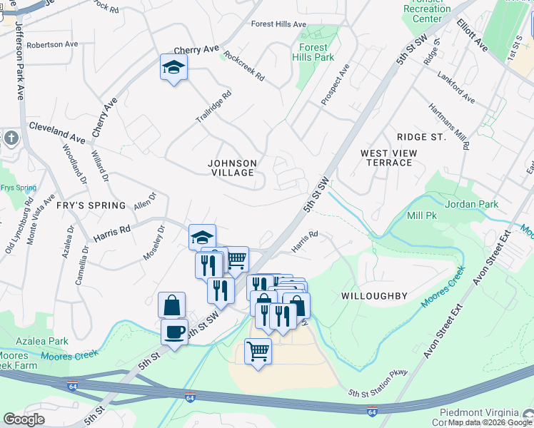 map of restaurants, bars, coffee shops, grocery stores, and more near 135 Old Fifth Circle in Charlottesville