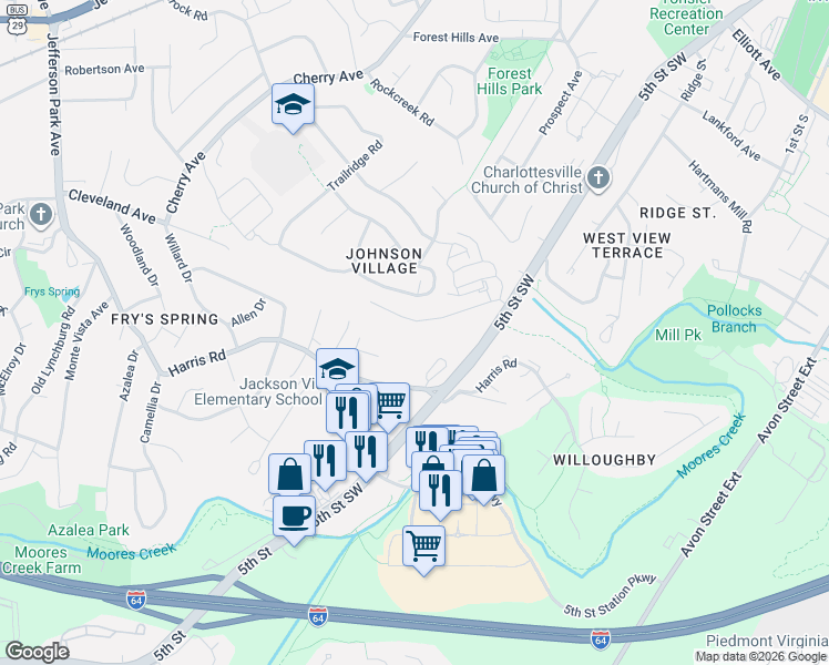 map of restaurants, bars, coffee shops, grocery stores, and more near 536 Cleveland Avenue in Charlottesville