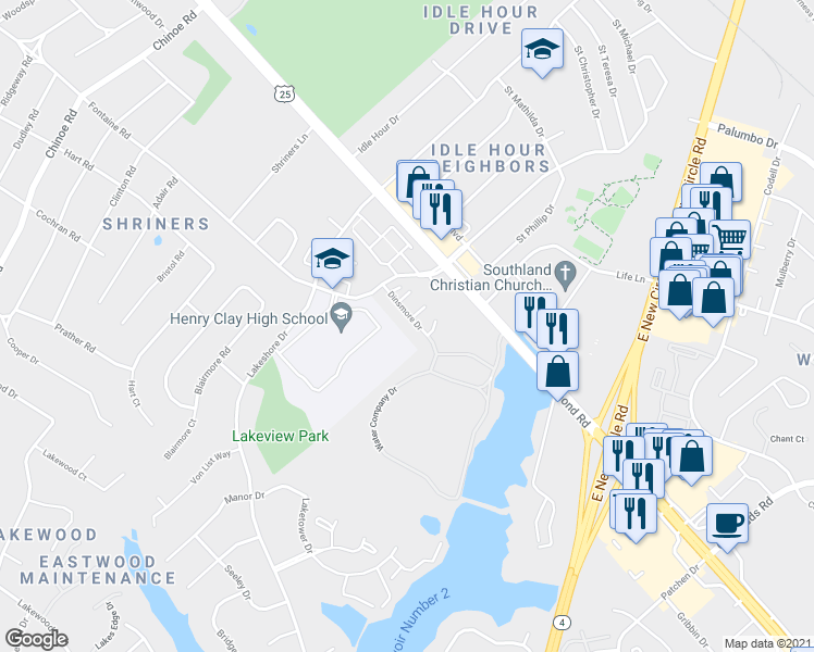 map of restaurants, bars, coffee shops, grocery stores, and more near 2248 Dinsmore Drive in Lexington