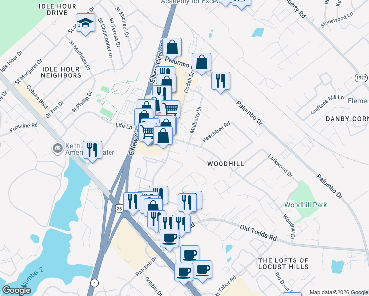 map of restaurants, bars, coffee shops, grocery stores, and more near 2409 Butternut Hill Court in Lexington