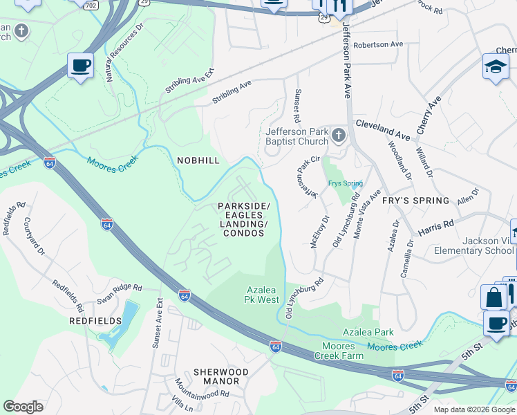 map of restaurants, bars, coffee shops, grocery stores, and more near 725 Denali Way in Charlottesville