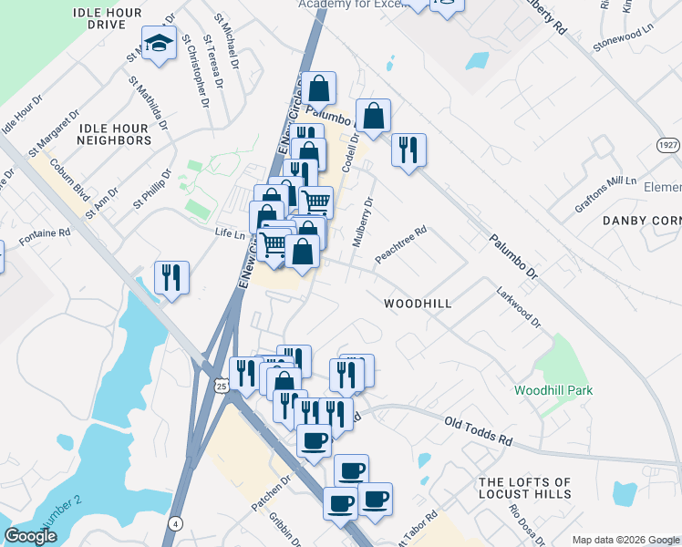 map of restaurants, bars, coffee shops, grocery stores, and more near 2409 Butternut Hill Court in Lexington