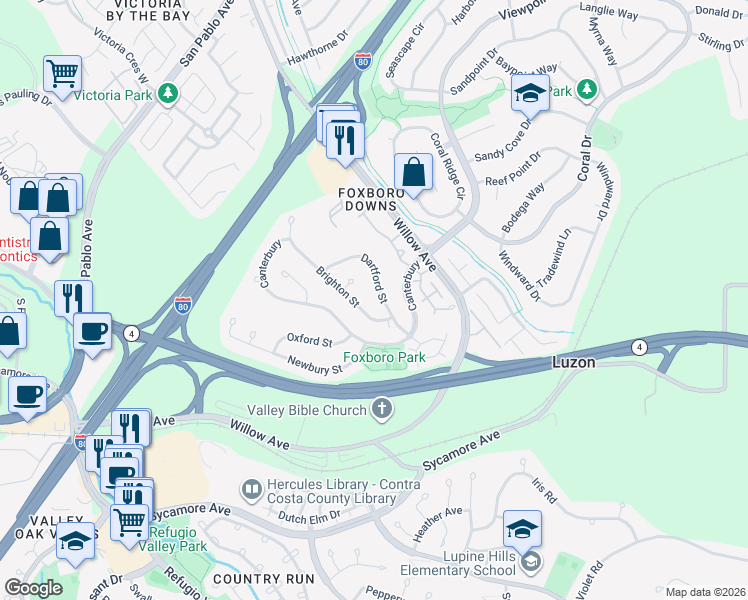 map of restaurants, bars, coffee shops, grocery stores, and more near 151 Brighton Street in Hercules