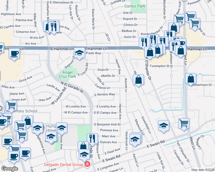 map of restaurants, bars, coffee shops, grocery stores, and more near 310 Cordova Lane in Stockton