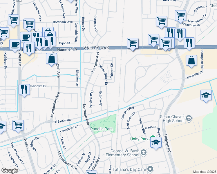 map of restaurants, bars, coffee shops, grocery stores, and more near 6936 Village Green Drive in Stockton