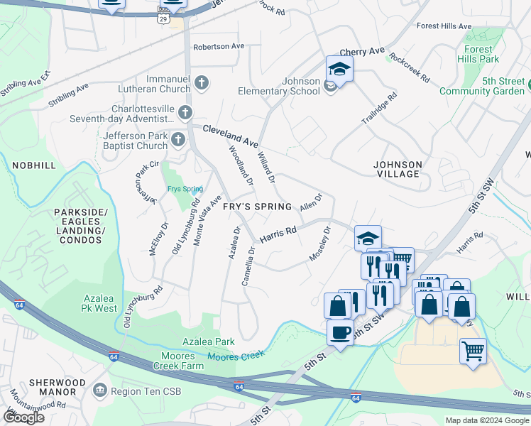 map of restaurants, bars, coffee shops, grocery stores, and more near Oaklawn Drive in Charlottesville