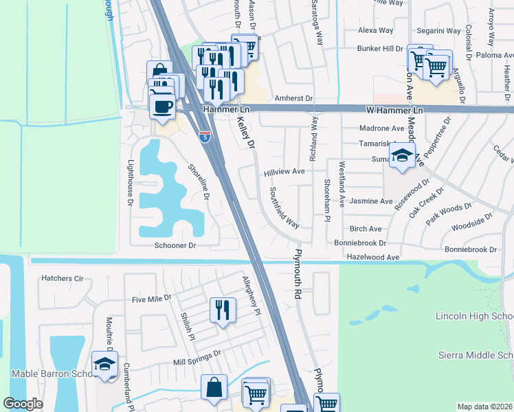 map of restaurants, bars, coffee shops, grocery stores, and more near 7316 Kelley Drive in Stockton