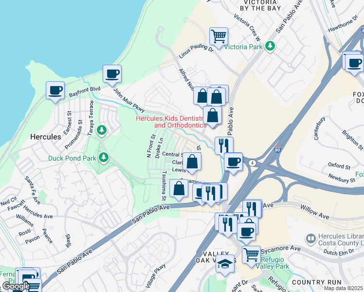 map of restaurants, bars, coffee shops, grocery stores, and more near 2033 De Anza Lane in Hercules