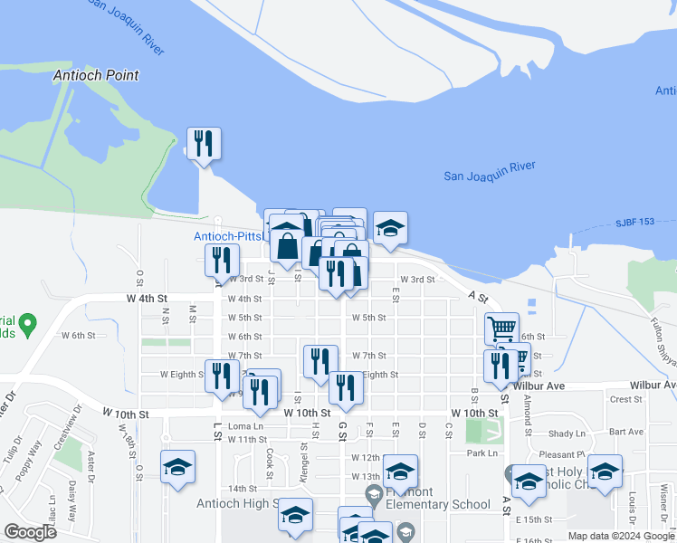 map of restaurants, bars, coffee shops, grocery stores, and more near 301 G Street in Antioch