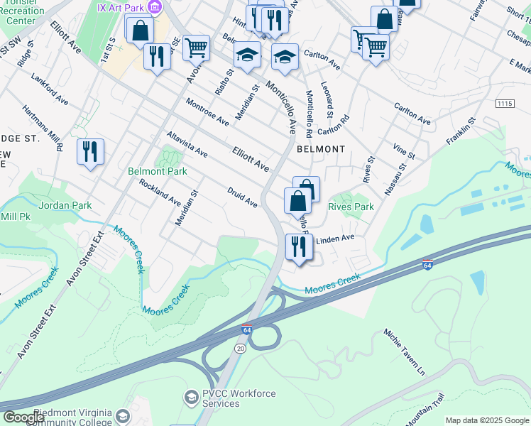 map of restaurants, bars, coffee shops, grocery stores, and more near 1608 Monticello Avenue in Charlottesville