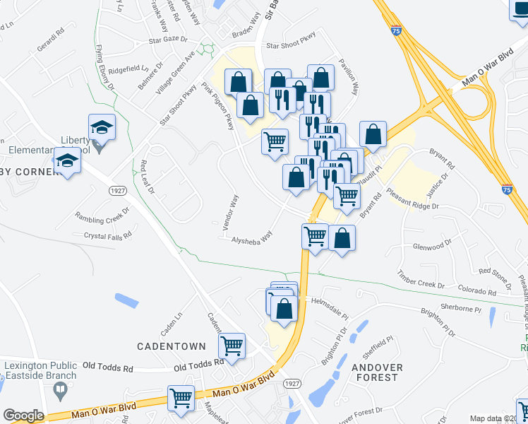 map of restaurants, bars, coffee shops, grocery stores, and more near 1795 Alysheba Way in Lexington